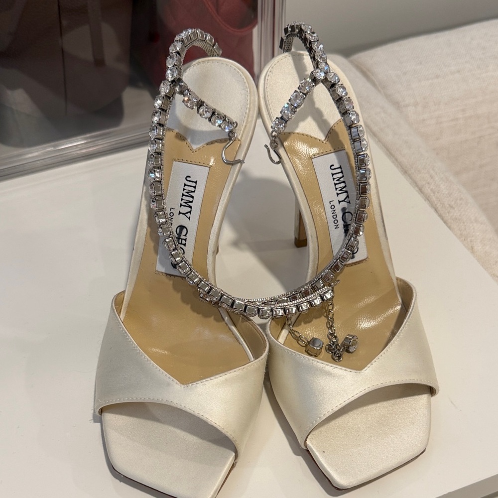 Jimmy Choo Saeda 100 Ivory/white Satin Crystal-Strap Open-Toe Slingback Heels